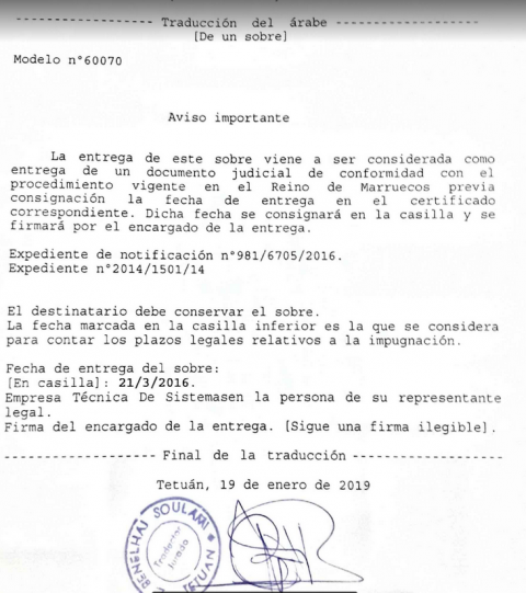 Traducción oficial de la Notificación Judicial irregular entrega al empresario español