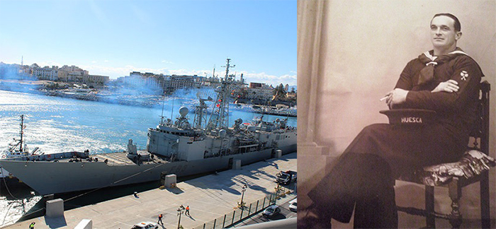 La fragata Numancia atracando en el Muelle España y mi abuelo de Marino. Fotos: cedidas Javier Chellaram