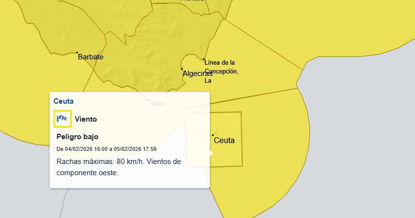 Riesgo bajo este jueves por viento y fenómenos costeros: el aviso amarillo se desactivará a las 18:00h en Ceuta