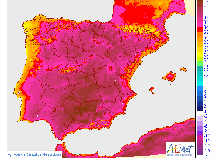 Mapa de máximas este miércoles, 9 de agosto. Fuente: Aemet